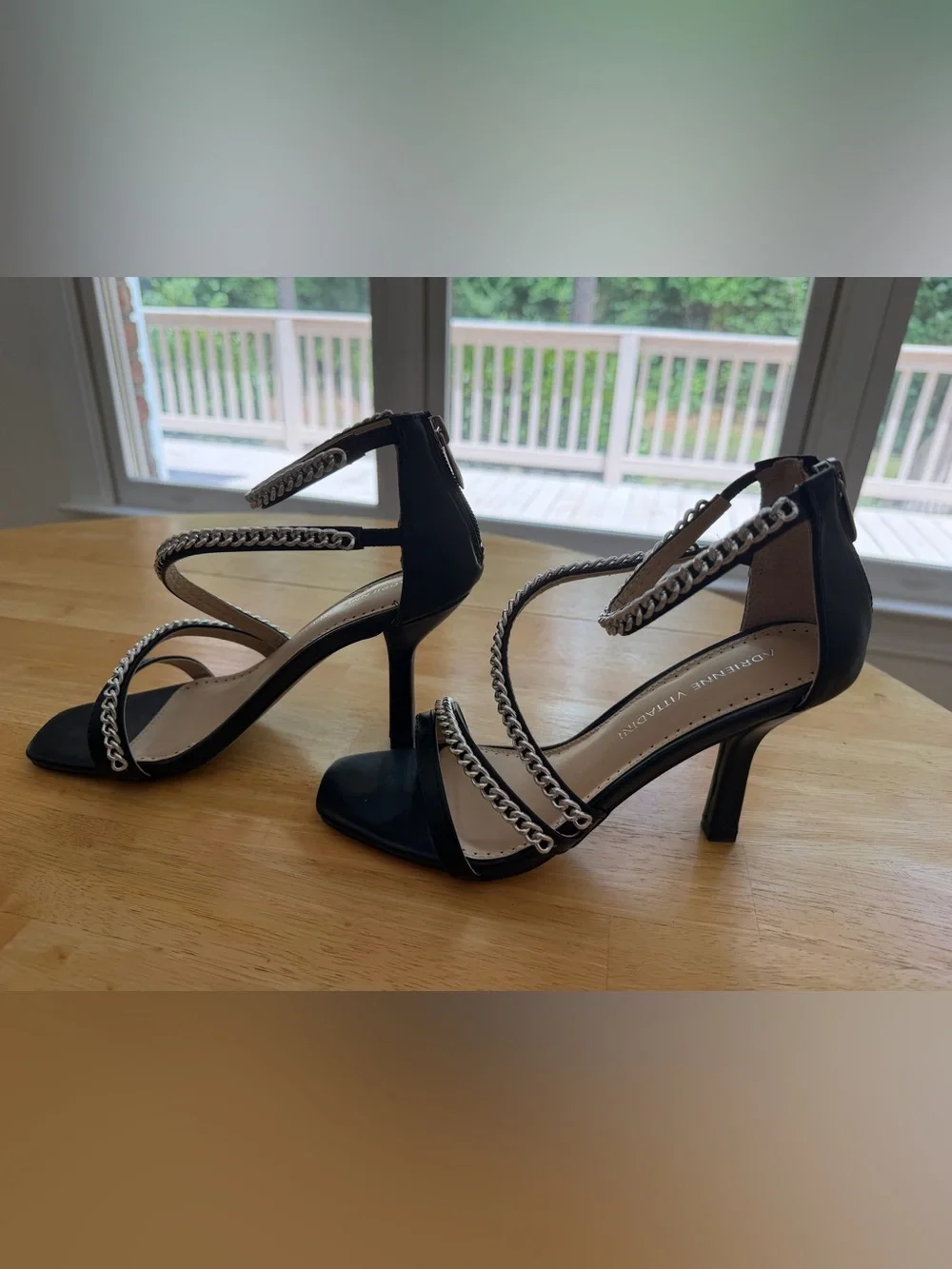 Adrienne Vittadini Black Sandals with Silver Chain Straps
